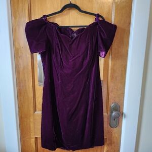 Purple velvet off the shoulder mini dress
